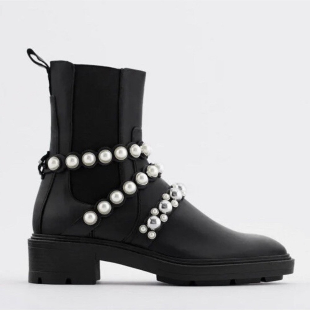 Zara Leather Pearl Strap Ankle Boots Block Heel Size 37  Whimsigoth Fairy Grunge